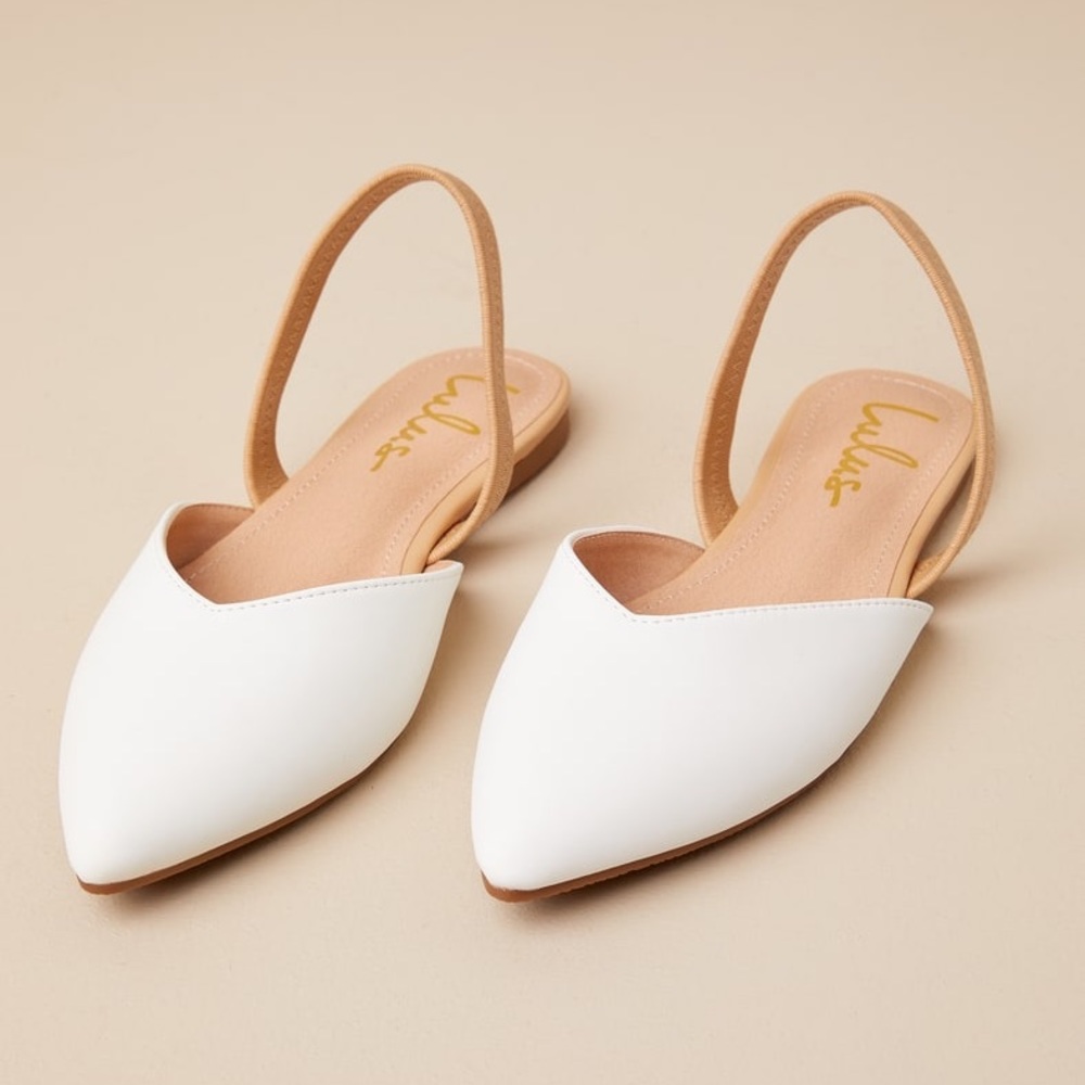 NWT Lulu’s Mae White and Beige Pointed-Toe Slingback Flats